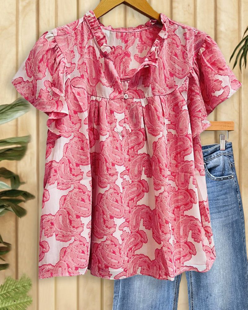 Paisley Print Bohemia Ruffle Sleeve Blouse-S.fashion