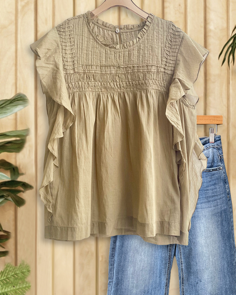 Solid Color Pleated Detail Elegant Ruffle Sleeve T-Shirt-S.fashion