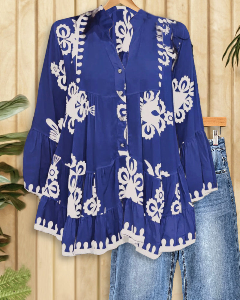 Contrasting Tribal Print Classic Tiered Blouse-S.fashion