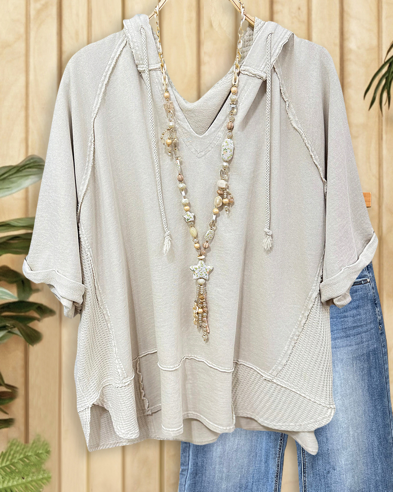 Waffle Patchwork Solid Color Cozy Hooded Seamed Shirt-S.fashion