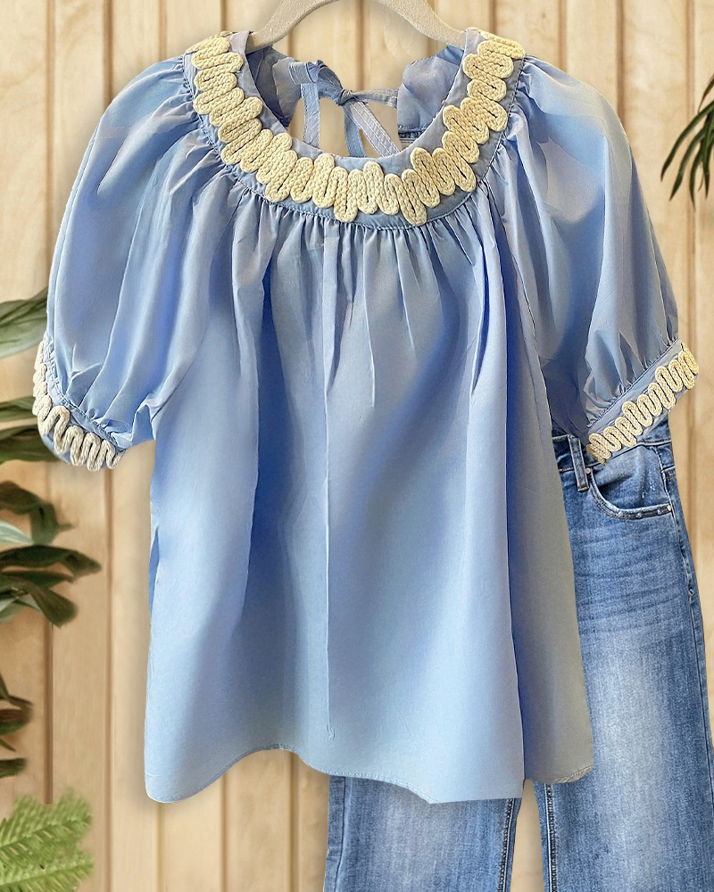 Hit Color Applique Band Chic Round Neck Blouse-S.fashion