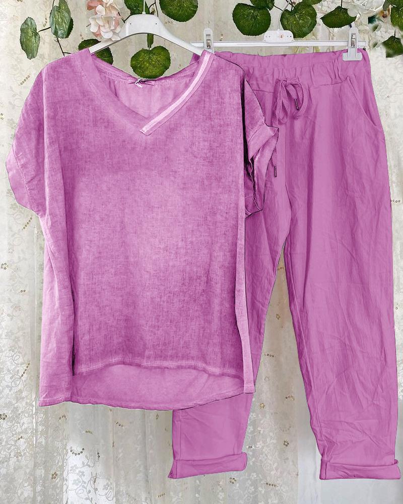 Casual Style Solid Color V Neck Two Piece Suit-S.fashion