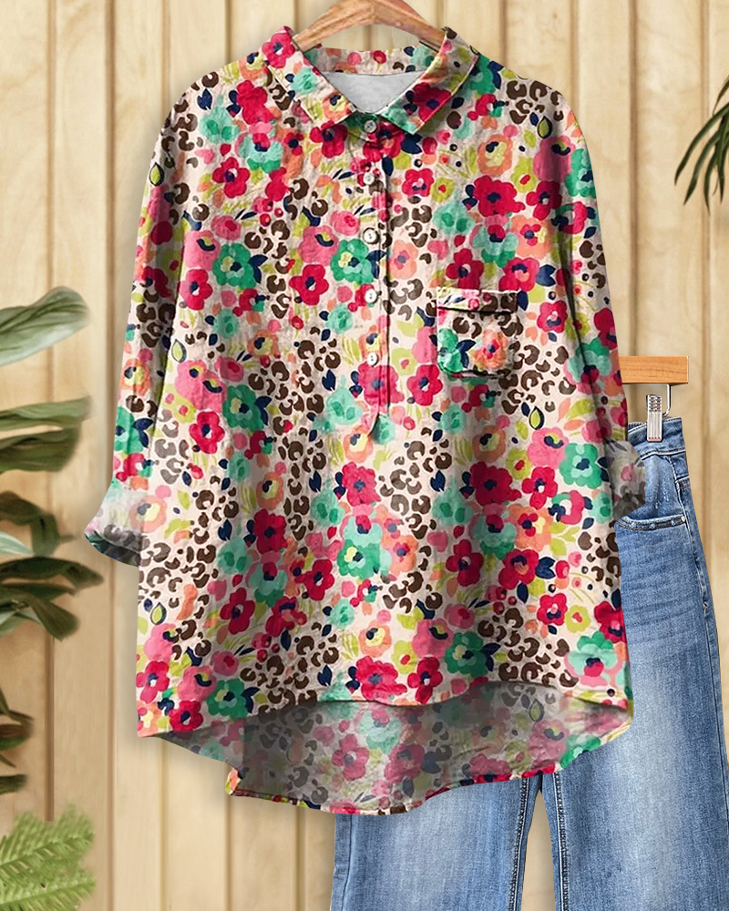 Floral Print Retro Shirt Collar Blouse-S.fashion