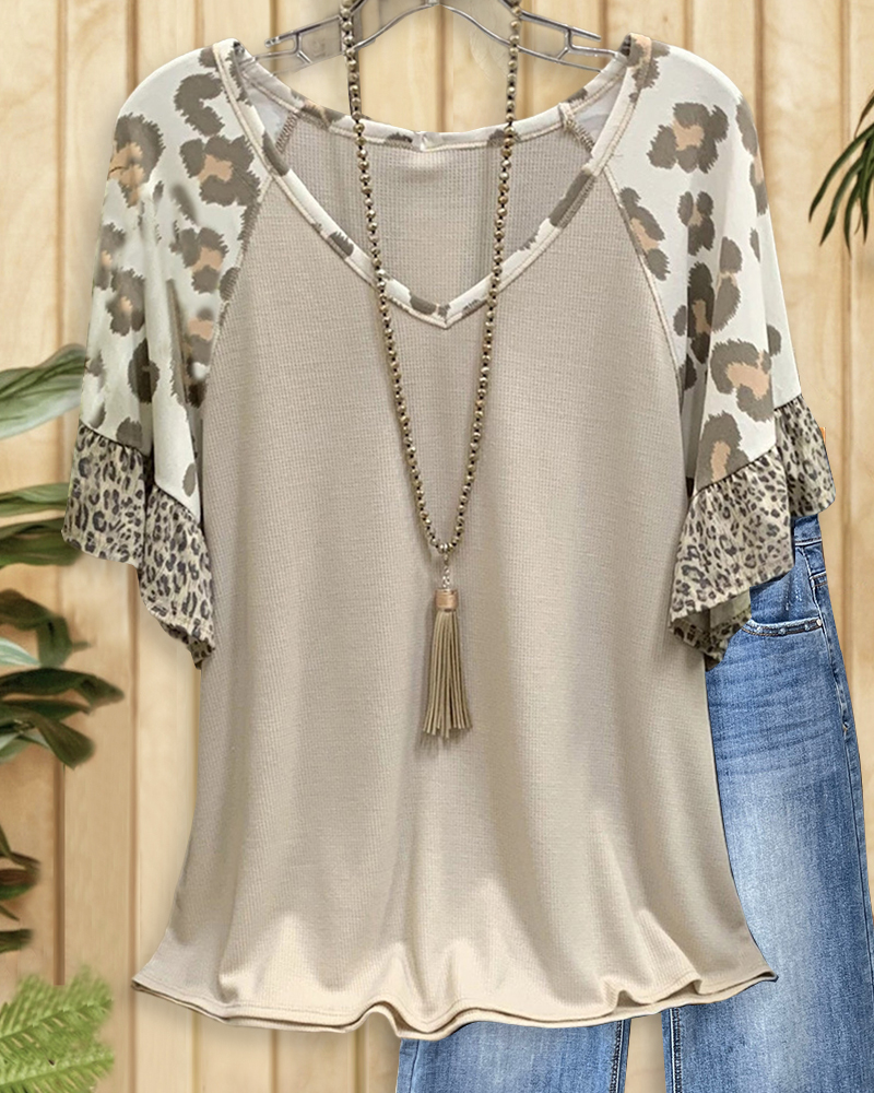 Patchwork Leopard Print Wild Raglan Sleeve T-Shirt-S.fashion