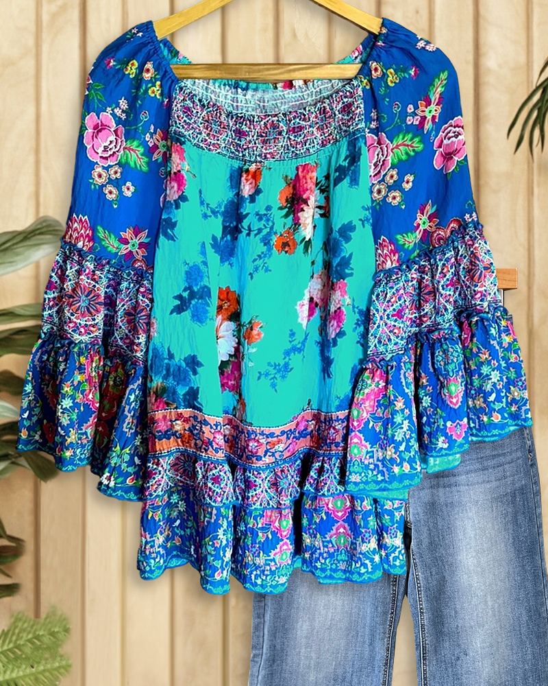 Floral Print Panel Pleated Ruffle Top-S.fashion