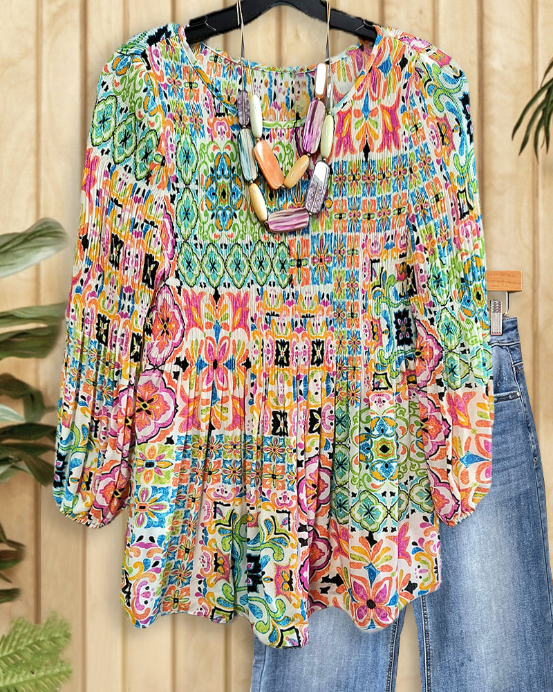 Tribal Print Colorful Round Neck Blouse-S.fashion