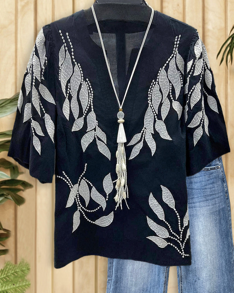 Leaf Embroidery Puff Sleeve Elegant V Neck T-Shirt-S.fashion