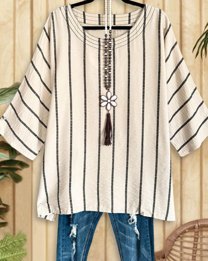 Vertical Striped Simple Scoop Neck T-Shirt-S.fashion