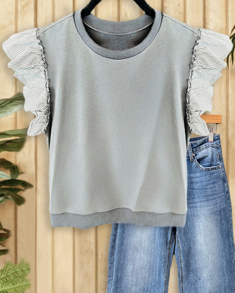 Striped Patchwork Ruffle Sleeve Cute Babydoll T-Shirt-S.fashion