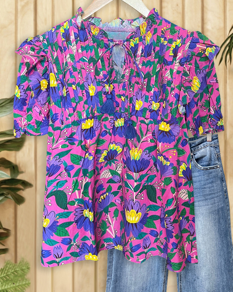 Floral Print Tie Neck Sweet Pleated Ruffled Shoulder T-Shirt-S.fashion