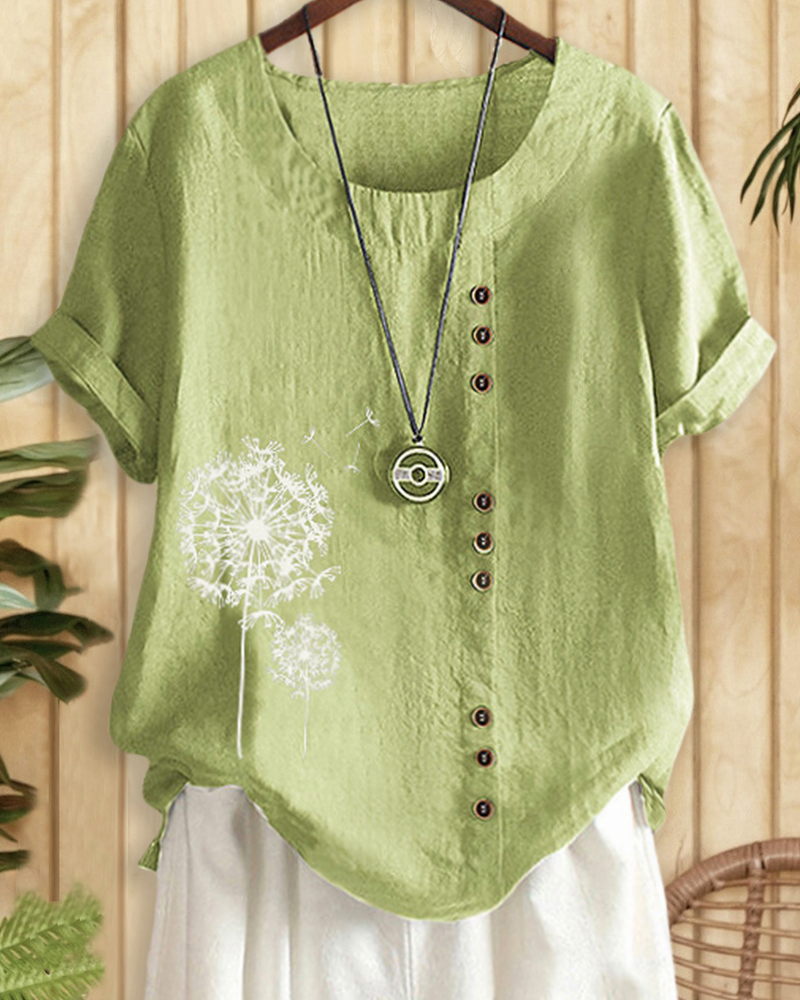 Dandelion Print Cozy Round Neck T-Shirt-S.fashion
