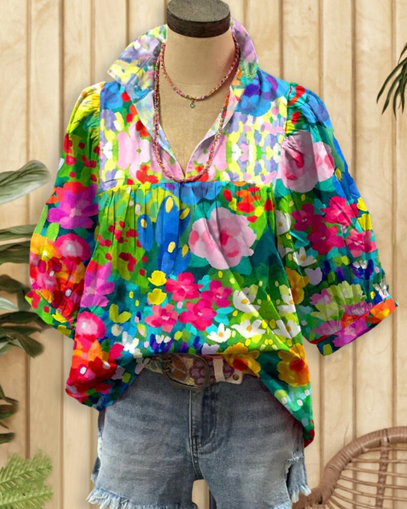 Vibrant Floral Print Rocking V Neck T-Shirt-S.fashion