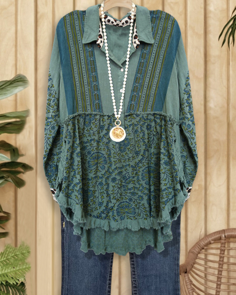 Vintage Print Paneled Frayed Shirt Collar Top-S.fashion