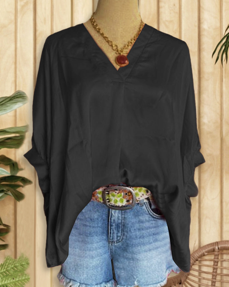 Plain Classic Batwing Sleeve V Neck T-Shirt-S.fashion