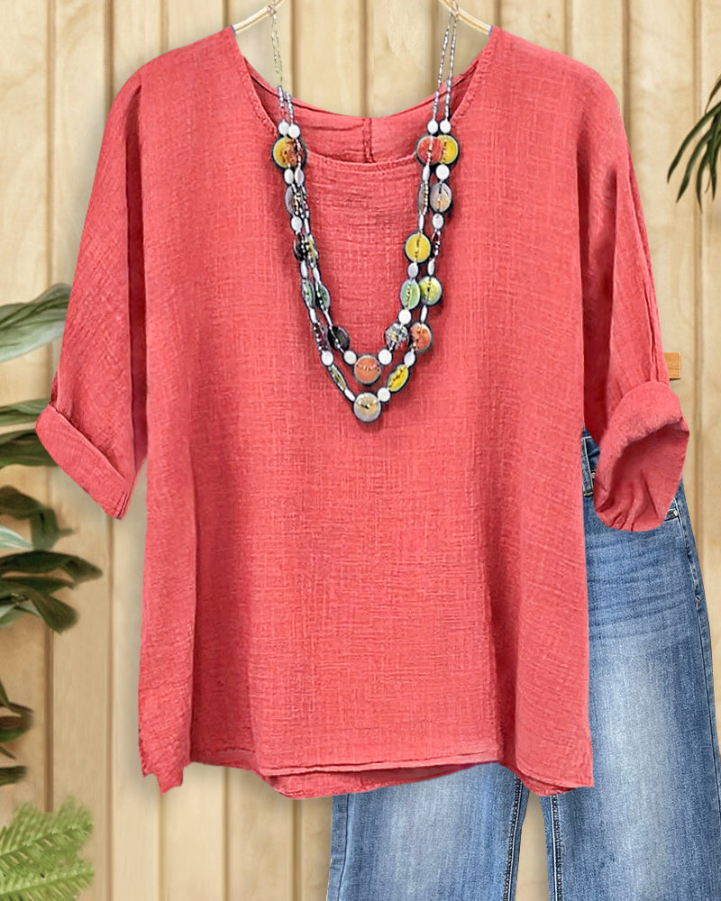 Solid Color Round Neck Simple Casual Wear Shirt-S.fashion
