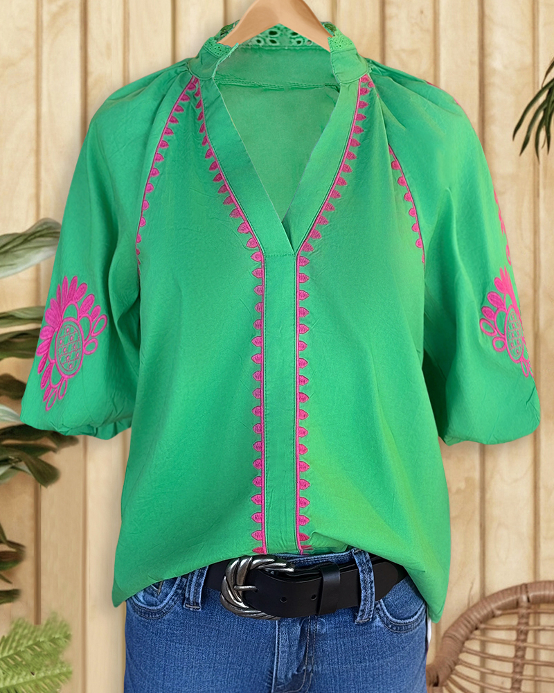 Embroidered Puff Sleeve V Neck Versatile T-Shirt-S.fashion