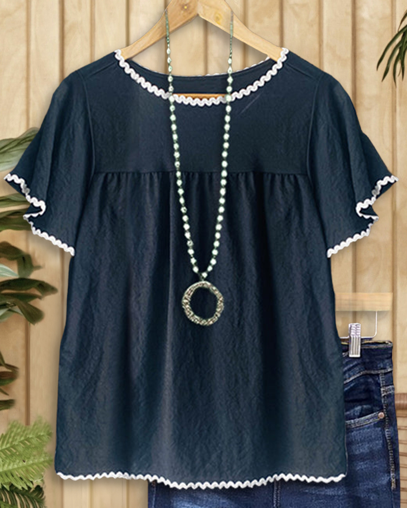 Navy Blue Ruffle Sleeve Top-S.fashion
