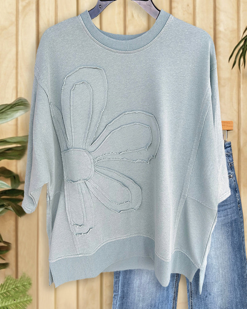 Solid Color Floral Applique Cozy Round Neck T-Shirt-S.fashion