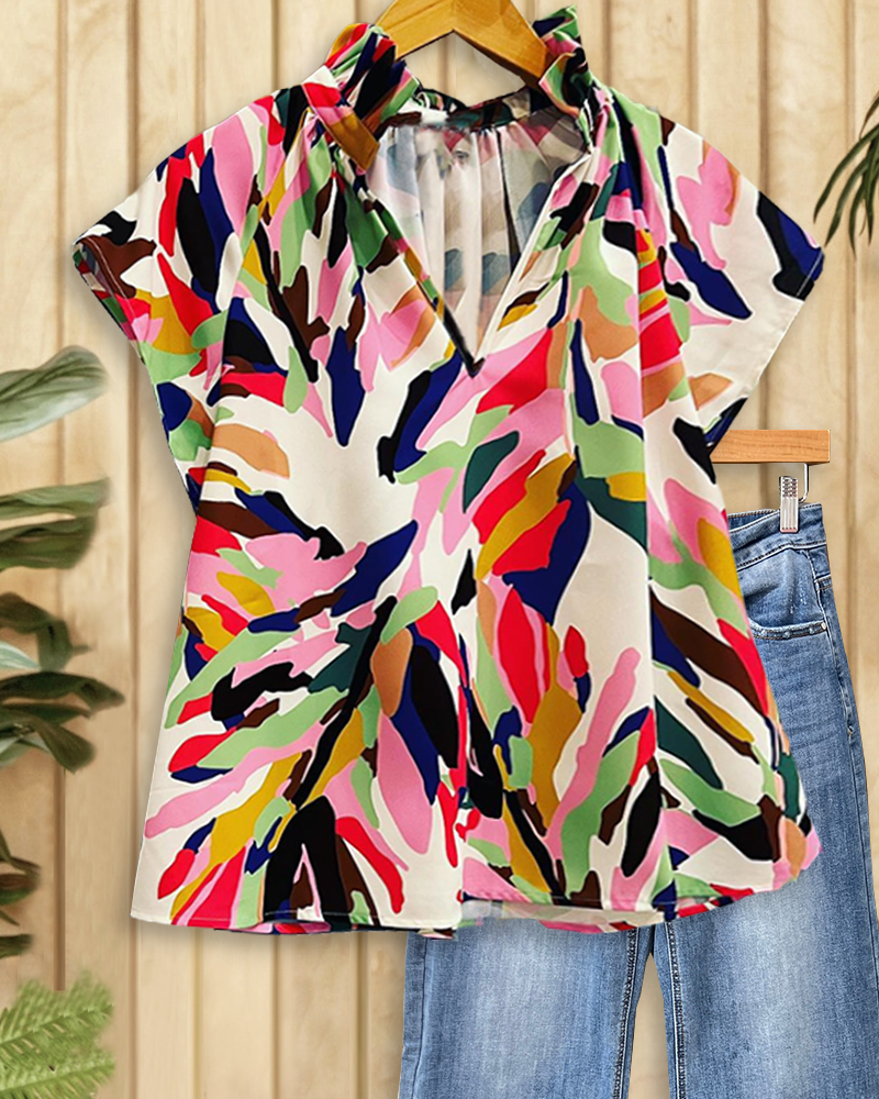 Multicolor Abstract Print Urban Ruffled V Neck T-Shirt-S.fashion