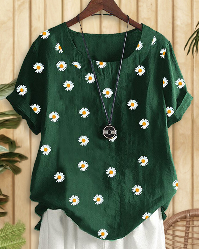 Daisy Print Relaxed Scoop Neck T-Shirt-S.fashion