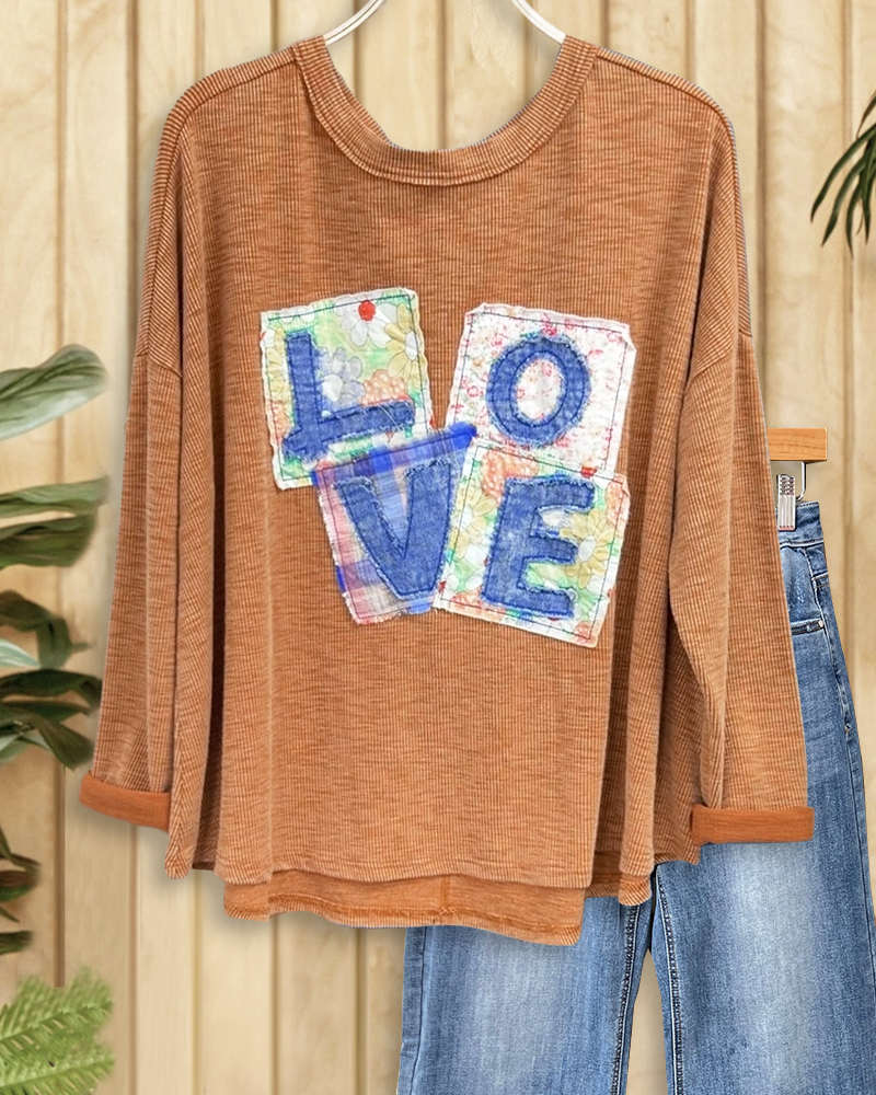 Printed LOVE Applique Cozy Round Neck Blouse-S.fashion