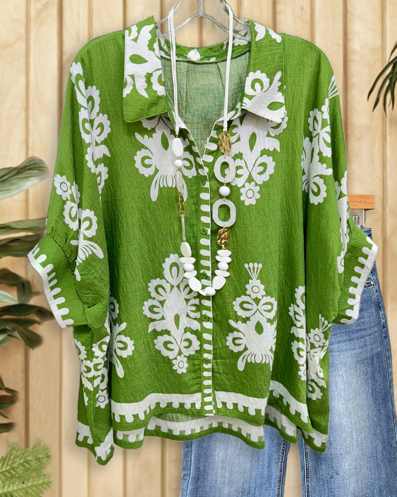 Tribal Print Ethnic Batwing Sleeve Button Shirt-S.fashion