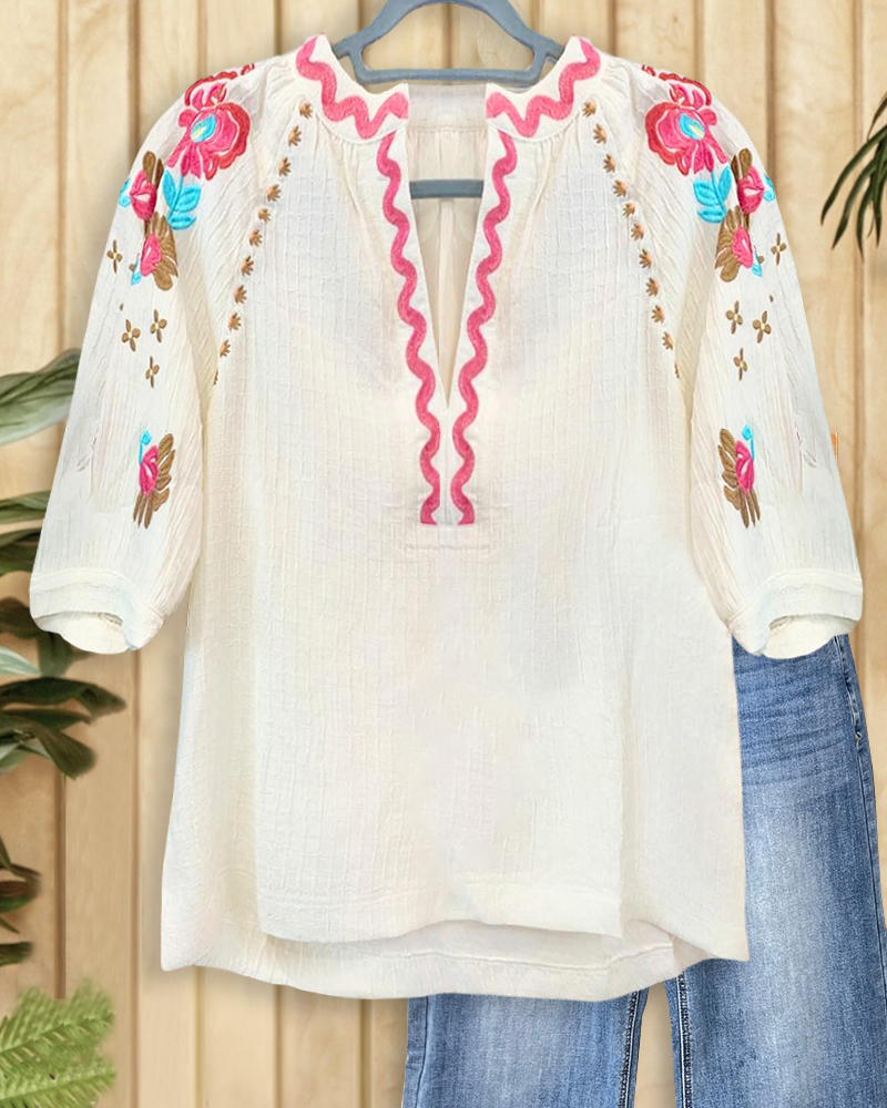 Floral Embroidery Ethnic V Neck Textured Blouse-S.fashion