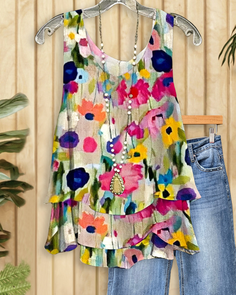 Floral Print Sleeveless Urban Tiered T-Shirt-S.fashion