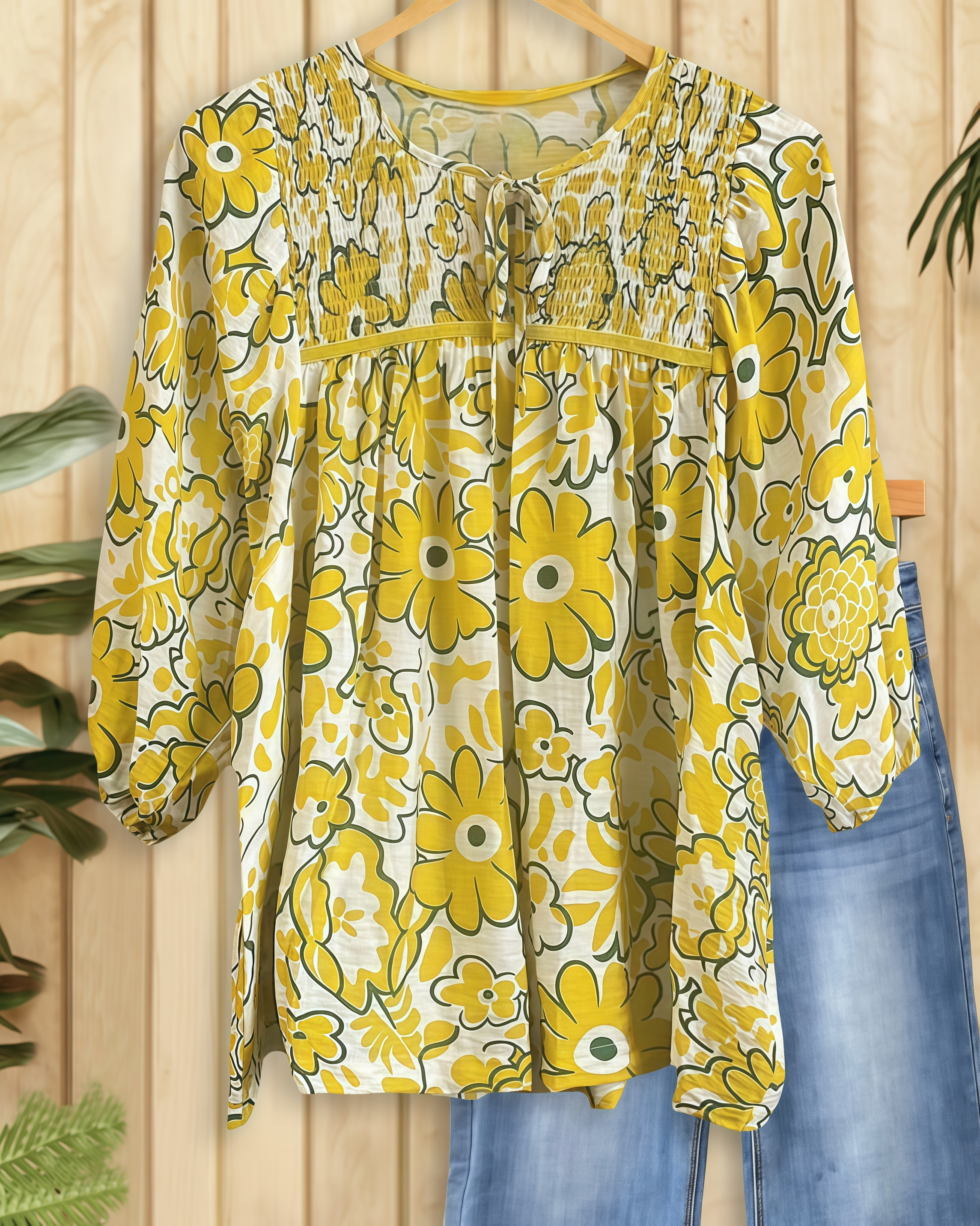 Floral Print Bright Tie Neck Strap Shirred Blouse-S.fashion
