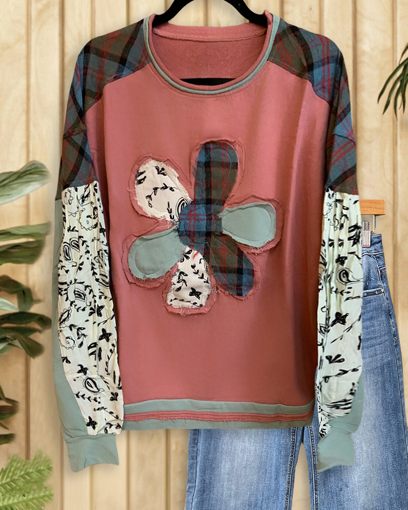 Mixed Print Patchwork Flower On-trend Color Block Blouse-S.fashion