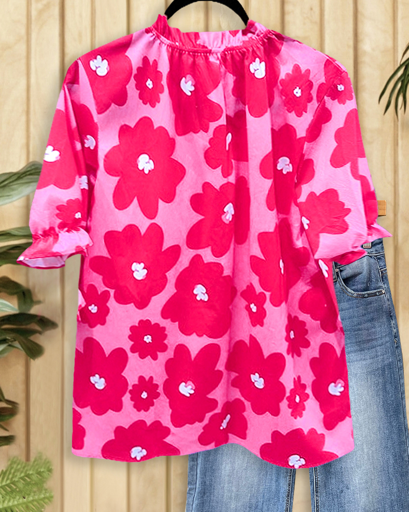 Floral Print Pleated Ruffle Top-S.fashion