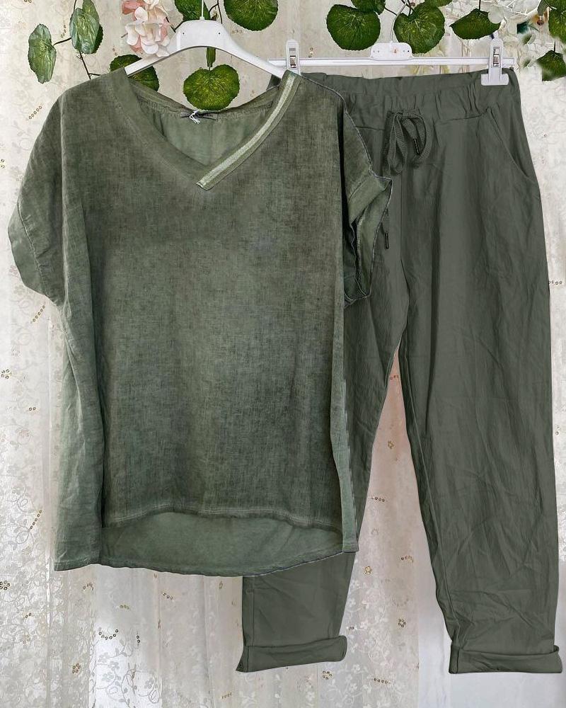 Casual Style Solid Color V Neck Two Piece Suit-S.fashion