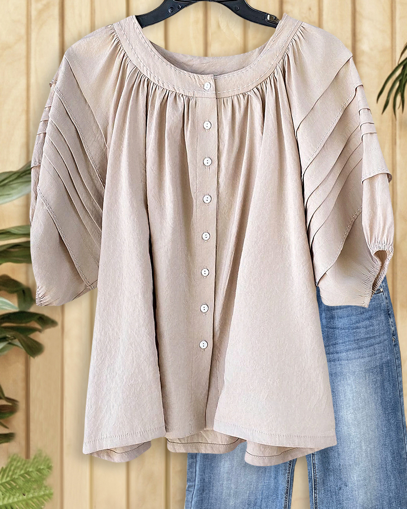 Solid Color Pleated Detail Smart Button Blouse-S.fashion