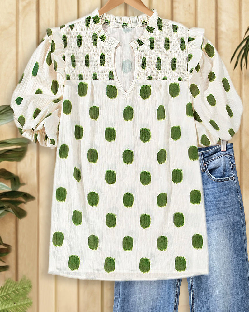 Polka Dot Ruffles Trim Puff Sleeve Urban Blouse-S.fashion