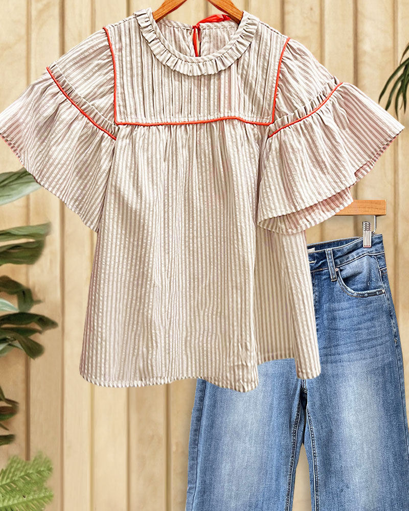 Vertical Striped Pretty Ruffled Trumpet Sleeve Blouse-S.fashion