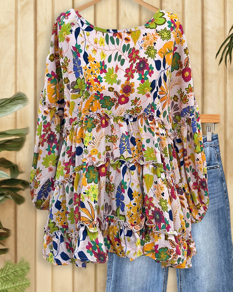 Floral Print Colorful Puff Sleeve Tiered Blouse-S.fashion