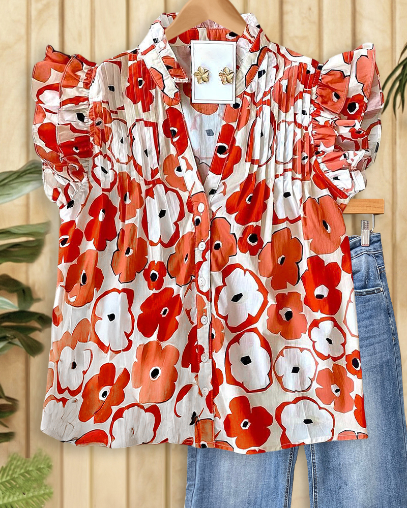 Floral Print Ruffle Sleeve Rocking Pleated T-Shirt-S.fashion
