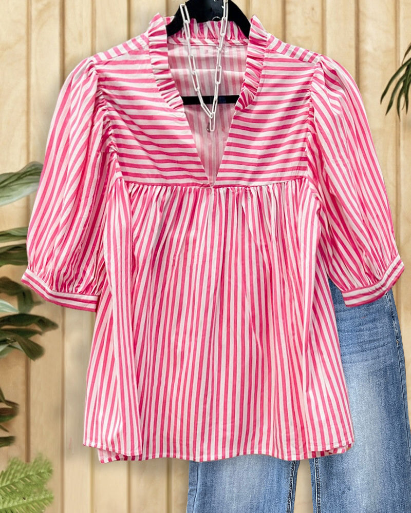 Striped Versatile Ruffled V Neck Blouse-S.fashion