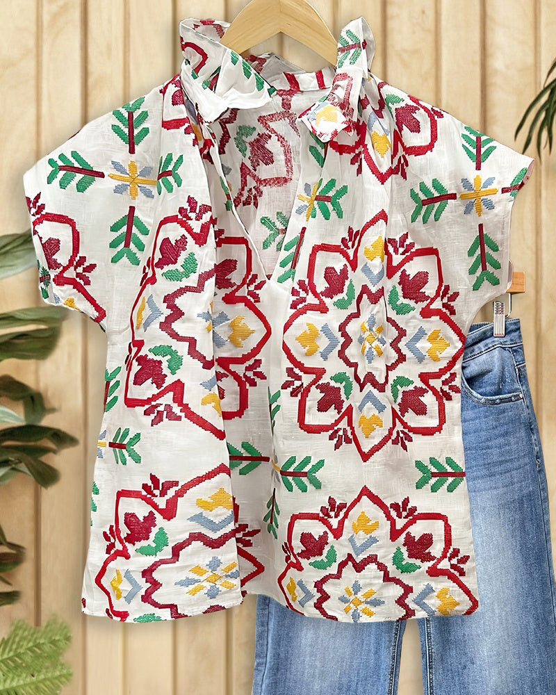 Multicolor Floral Print Retro V Neck T-Shirt-S.fashion