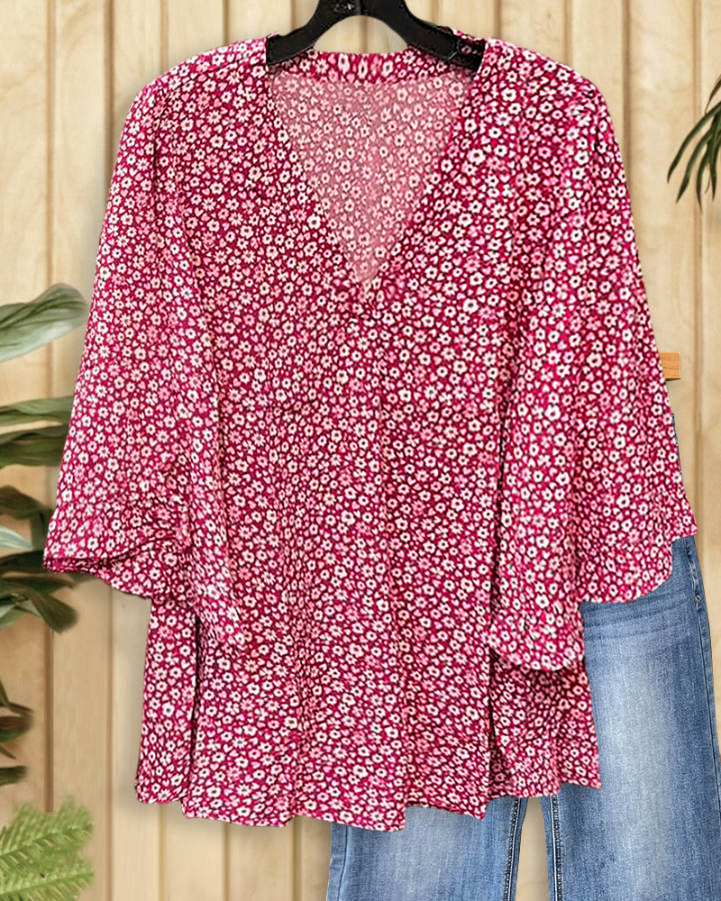 Floral Print V Neck Bell Sleeve Pastoral Blouse-S.fashion