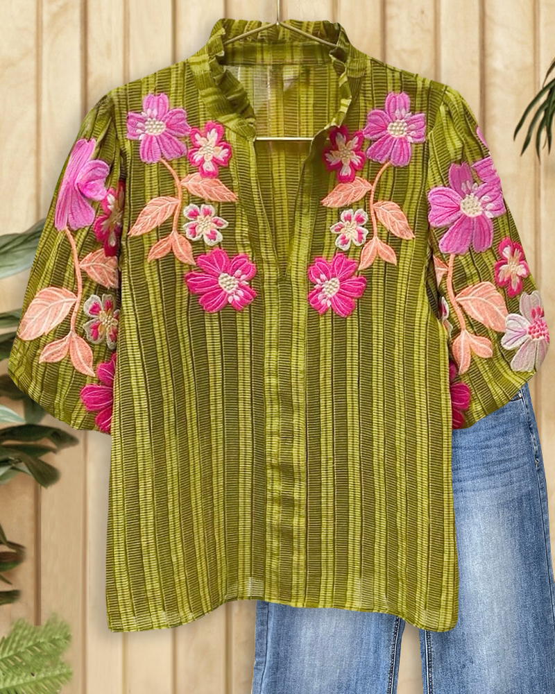 Floral Embroidery Striped Retro Puff Sleeve T-Shirt-S.fashion