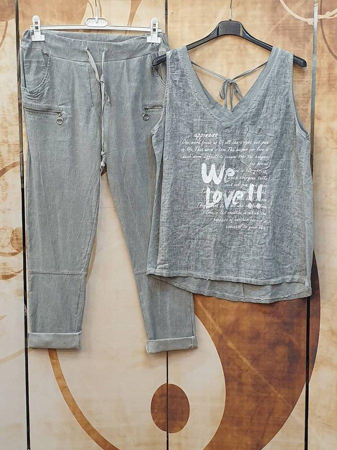 Gray Letter Sleeveless Spaghetti Casual Suits-S.fashion