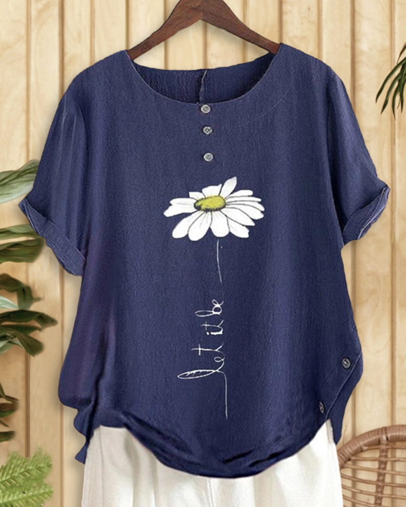 Floral Print Round Neck Casual Button T-Shirt-S.fashion