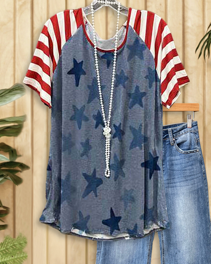 Striped & Star Print Classic Raglan Sleeve T-Shirt-S.fashion