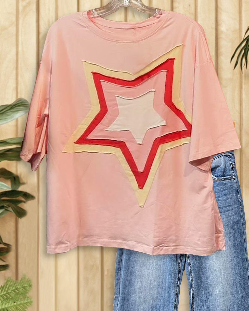 Color Block Star Applique On-trend Round Neck T-Shirt-S.fashion