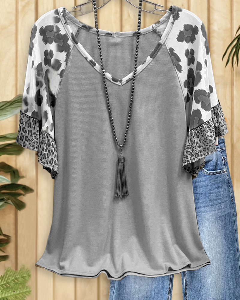 Patchwork Leopard Print Wild Raglan Sleeve T-Shirt-S.fashion