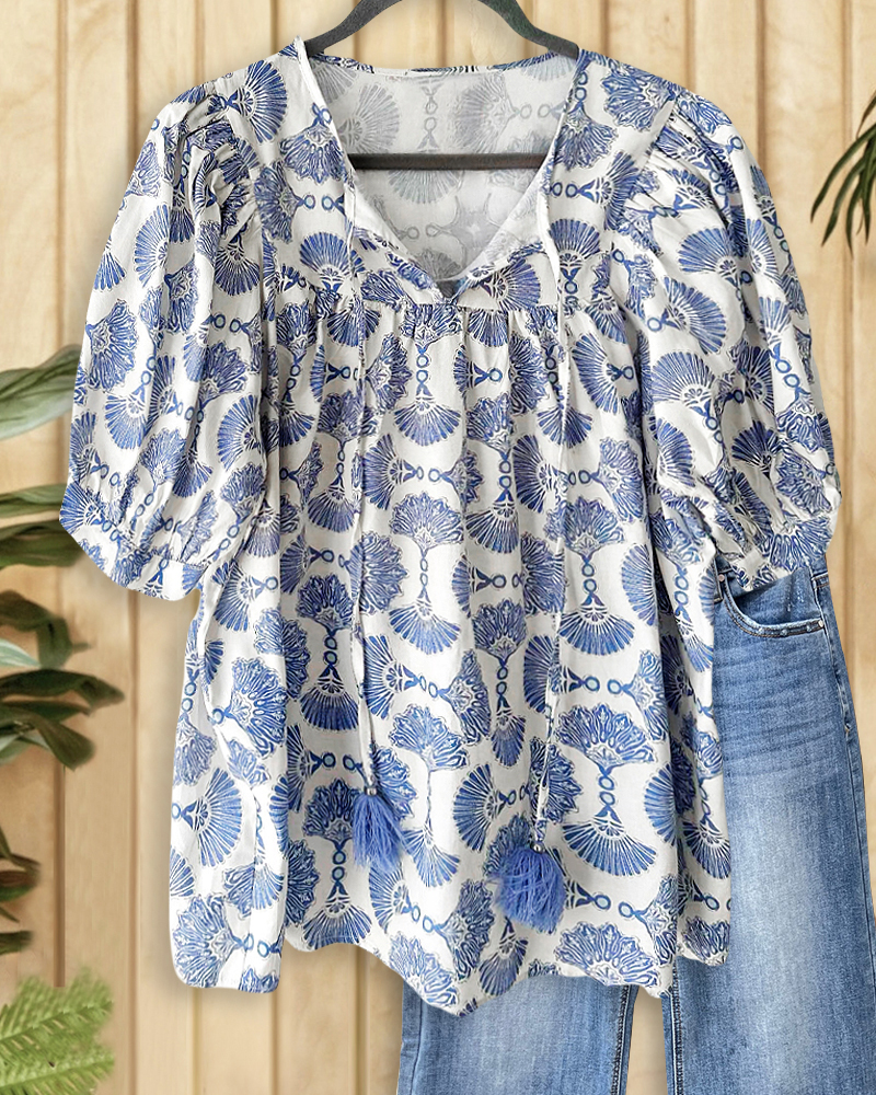 Tribal Print Ethnic Tie Neck Blouse-S.fashion