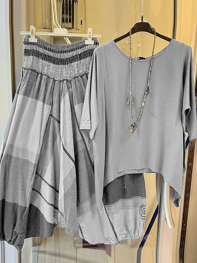 Women's Irregular Stripe Print Top Pants Two Piece Set-S.fashion