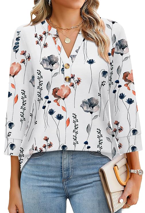 Womens 3/4 Sleeve Heley Button V neck Tops-S.fashion
