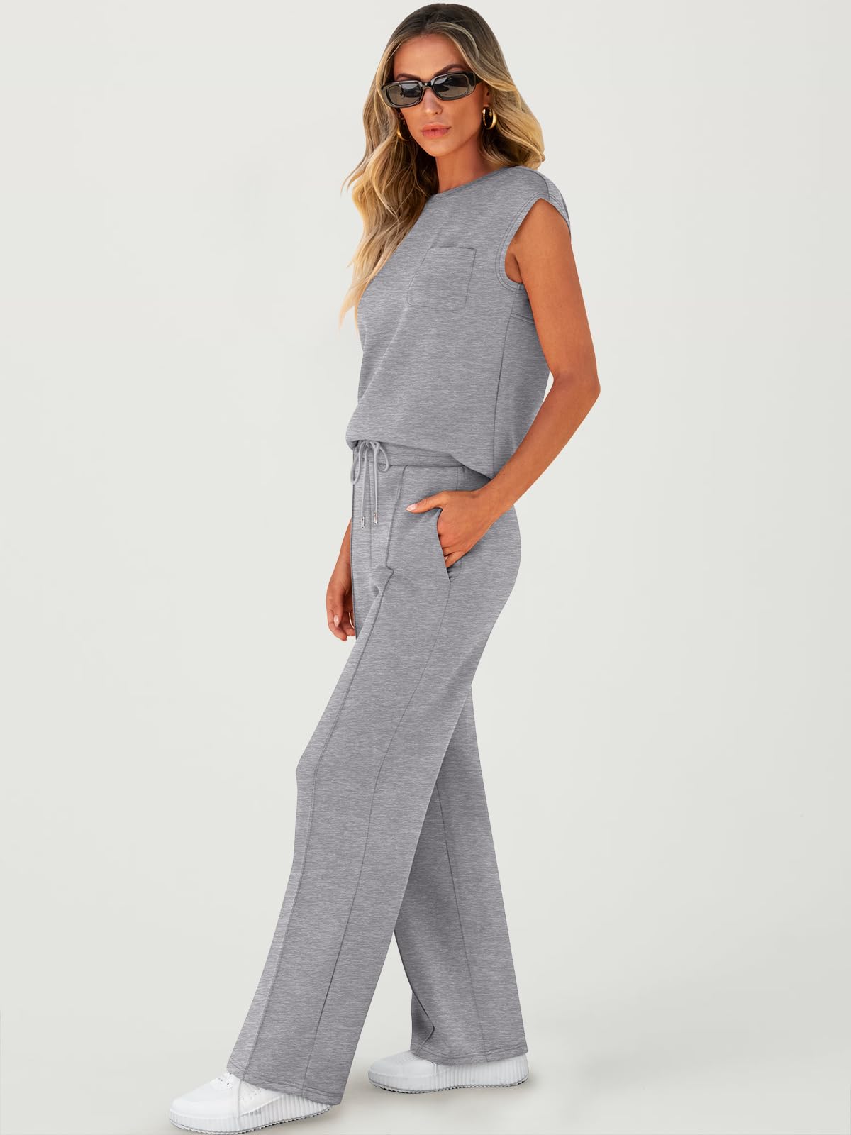 Women's Sleeveless Sweatsuits Matching Wide Leg Tracksuits Lounge Sets-S.fashion